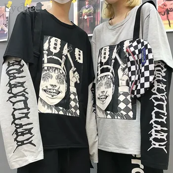 Liči Harajuku Japonec Junji Ito Anime Tisk Ženy T-Shirt Falešné 2 Kusy O-Neck Dlouhý Rukáv Ležérní Volné Ženy T-shirt