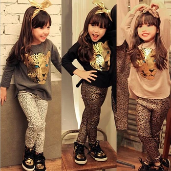 Dívky Soupravy Oblečení Batole Leopardí Vzor Dívky Šaty Dětské Dětské Oblečení Plné Rukáv Tričko+Kalhoty Dětské Oblečení