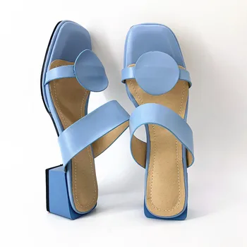 Nové ženy, přezůvky pu kůže 4.2 cm square podpatky střevíček open toe ženy sandály růžové modré žluté dámské ležérní boty žena 32-48