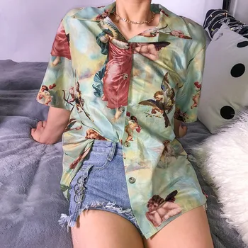 Houzhou Harajuku Halenka Ženy Vintage Módní 2020 Ženy Oblečení Streetwear Tlačítko Nahoru Košile S Krátkým Rukávem Loose Tisk Dámské Topy