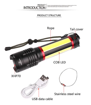Nejjasnější XHP70+COB LED Svítilna 7modes Blesk Rechargerable Zoom Vodotěsné Pochodeň Lanterna Vestavěný 7200mAh pro Kempování
