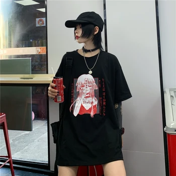 Japonské in horor, zábavné anime dívka tisk ležérní kolem krku s krátkým rukávem T-shirt ulici osobnost volné letní nový pár