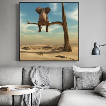 Slon Sedí Na Větev Stromu Moderního Umění Plátno, Plakáty A Tisky Surrealismu Umění, Obrazů Legrační, Umění, Zvířata, Obrazy Cuadros