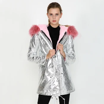 OFTBUY 2020 nová bunda Stříbrná pu kabát pravá kožešina kabát zimní bunda ženy přírodní mýval kožešinový límec teplé tlusté bundy Odnímatelné
