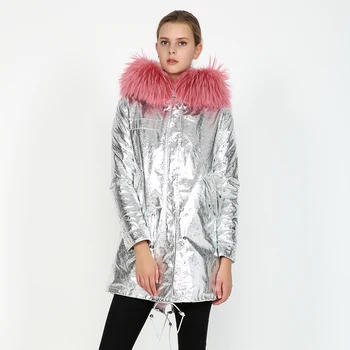 OFTBUY 2020 nová bunda Stříbrná pu kabát pravá kožešina kabát zimní bunda ženy přírodní mýval kožešinový límec teplé tlusté bundy Odnímatelné
