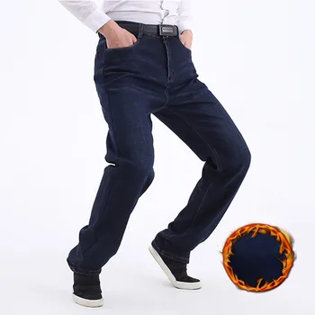 Džínové Kalhoty Mužů Tmavě Modrá Zimní Vysoký Muž Džíny 120CM Dlouhé Plus Velikosti 40 42 44 46 48 Teplé Volné Fleece Stretch Kalhoty Oblečení