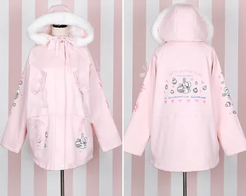 2018 Zimní Nové ženy, sladké Harajuku růžový králík tisku kreslený Bundy kawaii cute girl zip oblečení s kapucí růžový kabát