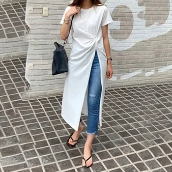 Korejský Japonsko Slim Fit Klasické Bílé Černé Dlouhé tričko Elegantní Design Boční Štěrbinou Ženy Letní Krátký Rukáv Topy Trička Neformální T Košile