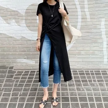 Korejský Japonsko Slim Fit Klasické Bílé Černé Dlouhé tričko Elegantní Design Boční Štěrbinou Ženy Letní Krátký Rukáv Topy Trička Neformální T Košile