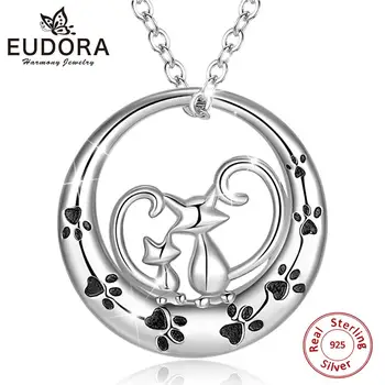 EUDORA 925 Sterling SIlver Pár Cat Náhrdelník pro Ženy, Zvířat Přívěsek Módní Šperky Zásnubní večírek Šperky Dárkové Krabičce D104
