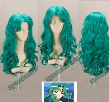 Sailor Moon Kaiou Michiru Paruky Sailor Neptun Dlouhé Zelené Kudrnaté Tepelně Odolné Syntetické Vlasy Cosplay Kostým Paruka + Čepice Paruka