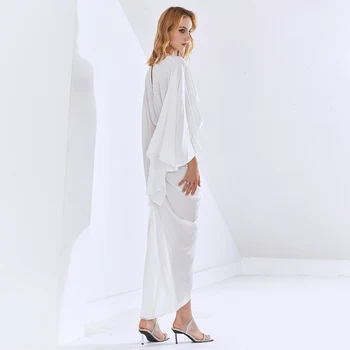 TWOTWINSTYLE Bílé Šaty Pro Ženy V Krku Motýl Dlouhý Rukáv Vysokým Pasem Hollow Out Designer Ruched Šaty Ženy Létě roku 2020