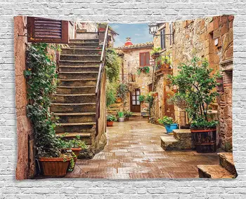 Toskánské Gobelín Výhled na Staré Středomořské Ulice Skalní Domy v italském Městě Venkovské Kultury Tisku Zavěšení na Zeď