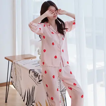 Tenké Sekce Ice Hedvábné Pyžamo Ženy Letní Korean Módní Polka Dot Dlouhý Rukáv Dva kus Volné Domácí Služby Oblek Pyžama Mujer