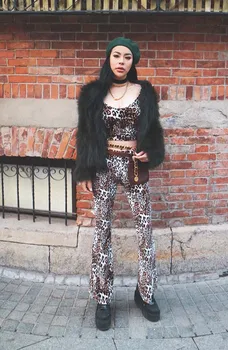 YourFocus 2018 harajuku hiphop sexy punk rok pohodě divoká dívka leopard flare kalhoty locanda fiorita femme kalhoty, top + kalhoty set