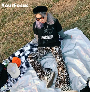 YourFocus 2018 harajuku hiphop sexy punk rok pohodě divoká dívka leopard flare kalhoty locanda fiorita femme kalhoty, top + kalhoty set