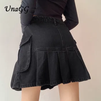 UnaGG Mall Goth Vysokým Pasem Jean Sukně Y2K Estetiky Černá Riflová Skládaná Sukně s Velkými Kapsami Punk Styl E-dívka Oblečení #122