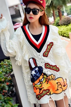 Thajské značky Tide dámy V-neck pletené svetr 2019 podzim nový roztomilý kočka zdobený krajkou svetr sladké dlouhý svetr