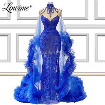 Nádherná Královská Modrá Mořská Panna Společenské Šaty Korálkové Celebrity Šaty Iluze 2020 Formální Večerní Šaty S Kapucí Robe De Soirée