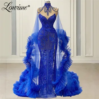Nádherná Královská Modrá Mořská Panna Společenské Šaty Korálkové Celebrity Šaty Iluze 2020 Formální Večerní Šaty S Kapucí Robe De Soirée