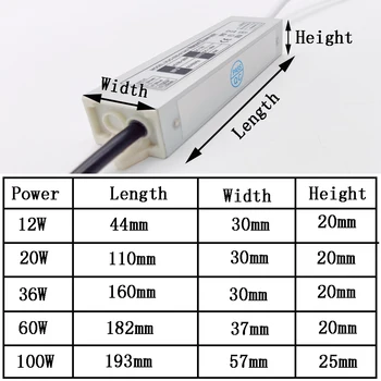 Osvětlení Transformátor AC100V-265V, aby DC12V 24V Vodotěsné Napájení 12W 20W 36W 60W 80W 100W LED Driver