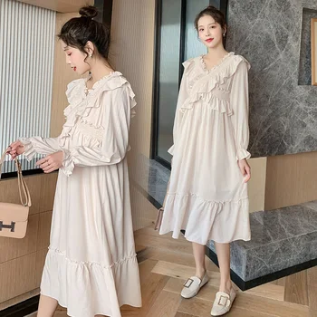 331# 2021 Jarní Korean Módní Mateřství Party Dlouhé Šaty Sladký Roztomilý Elegantní Oblečení pro Těhotné Ženy Dlouhý Rukáv Těhotenství