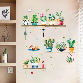 Sukulenty, Kaktus, Hrnec, Rostlina, Květ, Samolepka na Zeď pro Obývací Pokoj Ložnice DIY Bonsai Zeď Nástěnné Umění PVC Zeď Obtisky DIY Dekorace