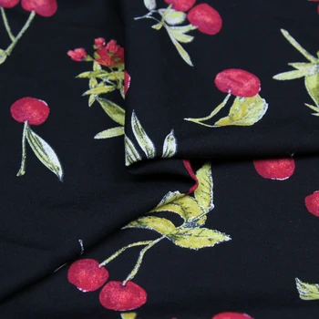 Cherry a květinové tisknout na černé spodní hedvábí bavlněné tkaniny ovoce design ,RCT004