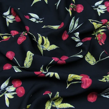 Cherry a květinové tisknout na černé spodní hedvábí bavlněné tkaniny ovoce design ,RCT004