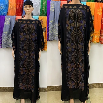 Nová Afrika Women Šaty Abaya Dlouho Dashiki Barevné Kameny Květinový Design Černé Volné Velikosti Muslimské Jel pro Lady ED919