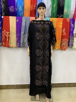 Nová Afrika Women Šaty Abaya Dlouho Dashiki Barevné Kameny Květinový Design Černé Volné Velikosti Muslimské Jel pro Lady ED919