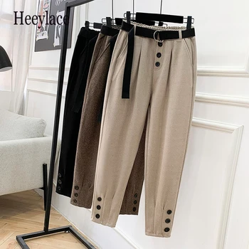 Plus velikost ženy tlusté zimní vysokým pasem harémové kalhoty s knoflíky vintage dámské tvíd korejský styl pevná teplé elegantní kalhoty