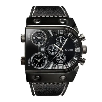 OULM Sportovní Hodinky Muži Quartz Analogové hodinky 3 Časové Pásmo Sub-číselníky Design Velký případ Oversize Módní Černé Náramkové Hodinky relogio
