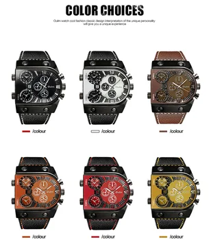 OULM Sportovní Hodinky Muži Quartz Analogové hodinky 3 Časové Pásmo Sub-číselníky Design Velký případ Oversize Módní Černé Náramkové Hodinky relogio