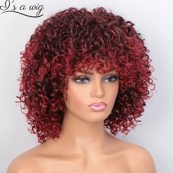 Já je paruka Afro Perverzní Kudrnatá Paruka Červené Syntetické Krátká Paruka Přírodní Černá Hnědá Fialová Růžová Vlasy pro Ženy Tepelně Odolné Vlasy