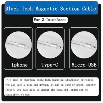 Magnetické lano automaticky zatahovací kabel Rychlé nabíjení 3A USB Micro Typ C nabíječka pro iPhone, xiaomi, huawei