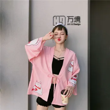 Japonské Kimono Módní Harajuku Svetr Asie Letní Černá Růžová Lucky Cat Volné Dívky Halenka Topy Příležitostné Žena Kimona Cosplay