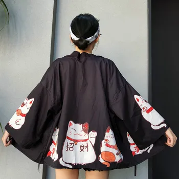 Japonské Kimono Módní Harajuku Svetr Asie Letní Černá Růžová Lucky Cat Volné Dívky Halenka Topy Příležitostné Žena Kimona Cosplay