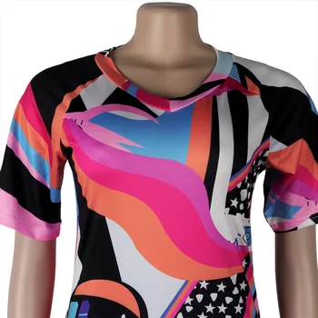Dámská Sexy Solid Color Oblek Geometrické Tisk T-shirt Patchwork Kalhoty Dva Dílná Sada Evropských a Amerických Oblečení