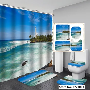 3D Barevné Beach Print Fabric Sprchový Závěs Koupelnový Závěs Moře, Ulita, Hvězdice, Skořápka, Loď, Koberec Sady S Wc Kryt Mat Set