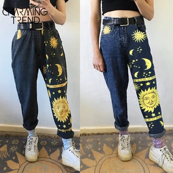 Dámské Vysoké pas Kalhoty džíny Ženy Letní dámské Džíny Kalhoty Girls Denim Chic Fashion Sun Moon Star Print Kalhoty Ženy