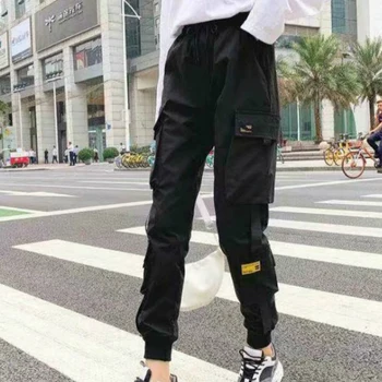 Ženy Módní Streetwear Kalhoty Černé Kotníkové Délka Elastický Pás Běžce Ženské Volné Kalhoty Ležérní Haren Běžecké Kalhoty