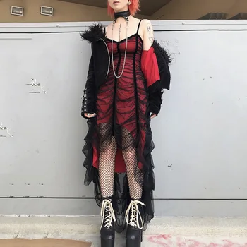 Rosetic Sexy Popruh Mesh Gotické Šaty Ženy Halloween Červená Černá Patchwork Skládaný Módní Návrhář Letní Goth Dlouhé Šaty 2020