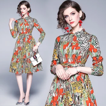 2019 podzimní elegantní fashion runway party šaty dámské dlouhé seeve vícebarevná květinové tygr tisk vintage šaty vestidos s pásem