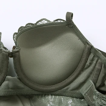Tělo Sexy Ženy spodní Prádlo Push Up Kombinézu Polstrované Pohár Kostice Květinovým Vzorem Army Zelená Podprsenka a Stručný Sady High Cut spodní Prádlo