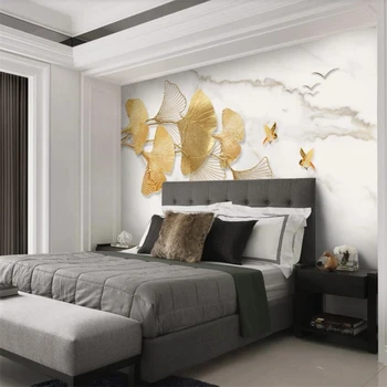 Wellyu Vlastní velké nástěnné moderní móda světlo luxusní zlaté ginkgo list pták mramoru vzor na zeď tapety