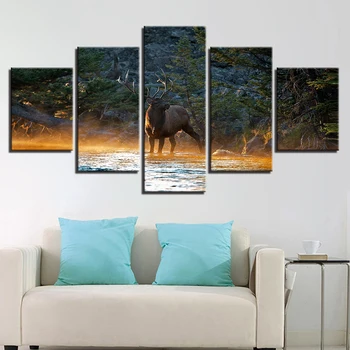 Plátno Obrázky Domů Wall Art Dekor 5 Kusů Zvířat Jelen V Lese Proud Elk západ Slunce, Krajina, Obrazy HD Otisky Plakát Rám