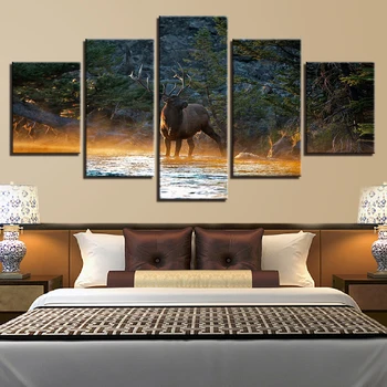 Plátno Obrázky Domů Wall Art Dekor 5 Kusů Zvířat Jelen V Lese Proud Elk západ Slunce, Krajina, Obrazy HD Otisky Plakát Rám