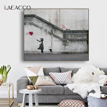 Laeacco Banksyho Obraz Dívky a Balónky Plátno Malování Módních Domů Plakát Tisk Wall Art Obraz Pro Obývací Pokoj Dekorace