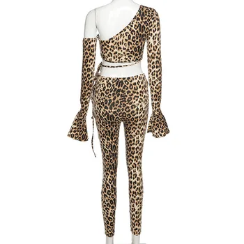 ANJAMANOR Leopard Tisk Módní dvoudílné Dámské Sety Sexy Club Oblečení Svázat Oříznout Horní Kalhoty Obleky Sady D96-CE22